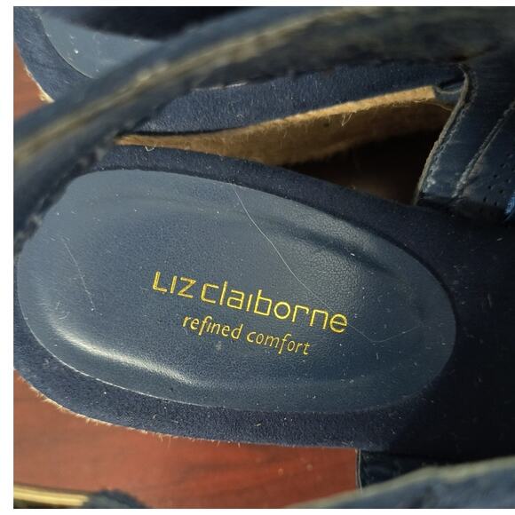 Liz Claiborne Suede Espadrille Sandals Size 9 Blue 3" Wedge Sling Back Open Toe - Picture 2 of 12